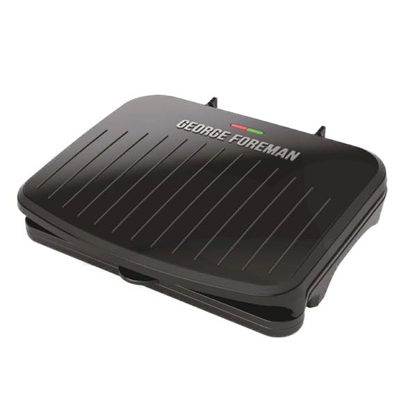 George Foreman front view of family grill showing compact design and fast heating benefit