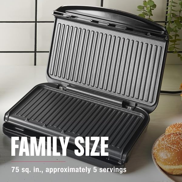 George Foreman grill in use pressing a panini, demonstrating even browning and convenience