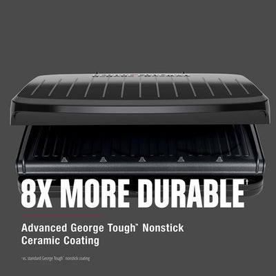 George Foreman hinge clearance with thick steak inside, showing capacity for large cuts
