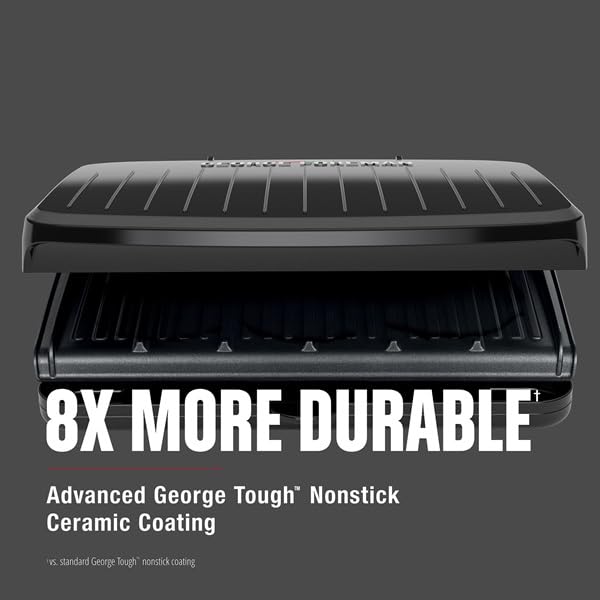 George Foreman hinge clearance with thick steak inside, showing capacity for large cuts