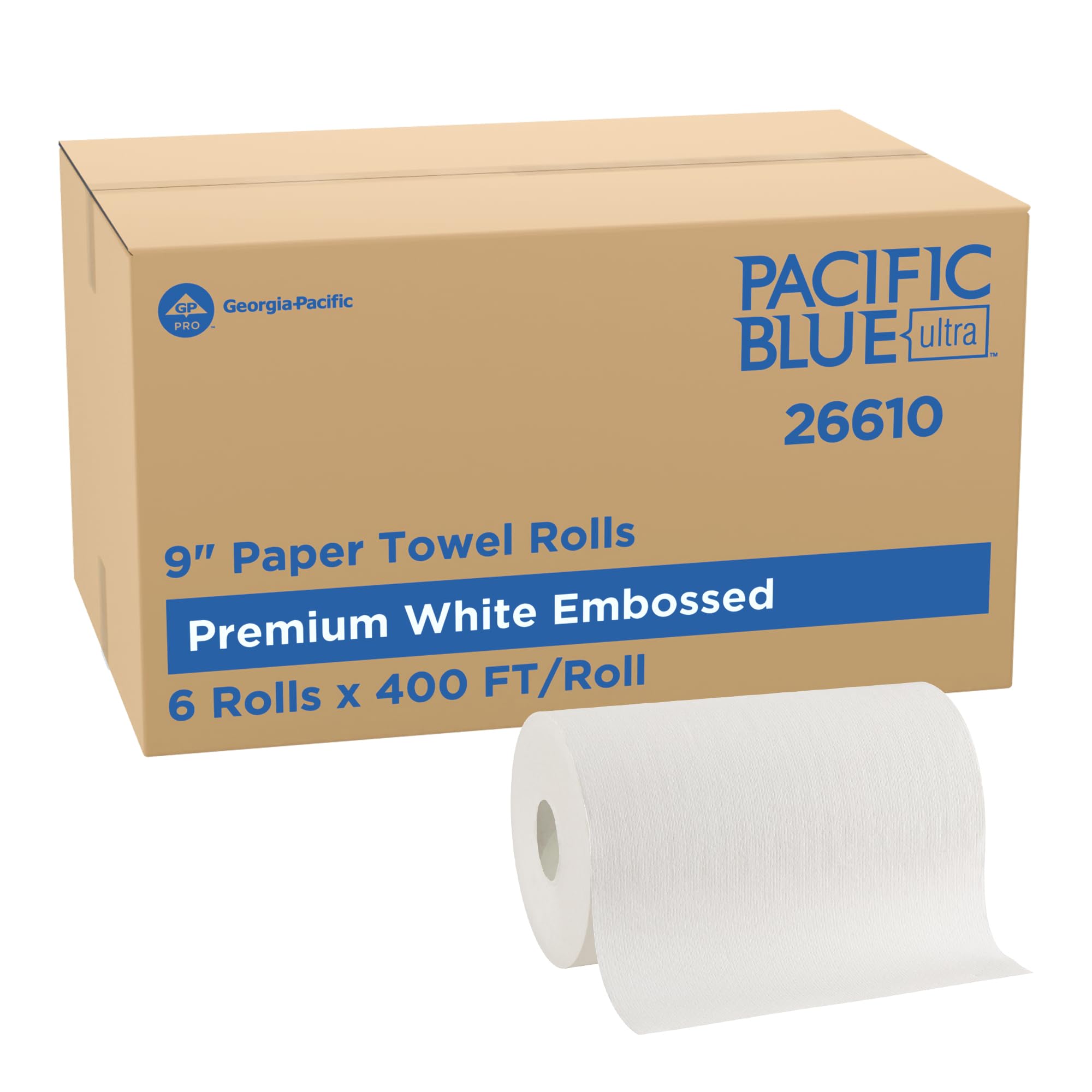 Georgia-Pacific Pacific Blue Ultra front packaging showing product benefits and count