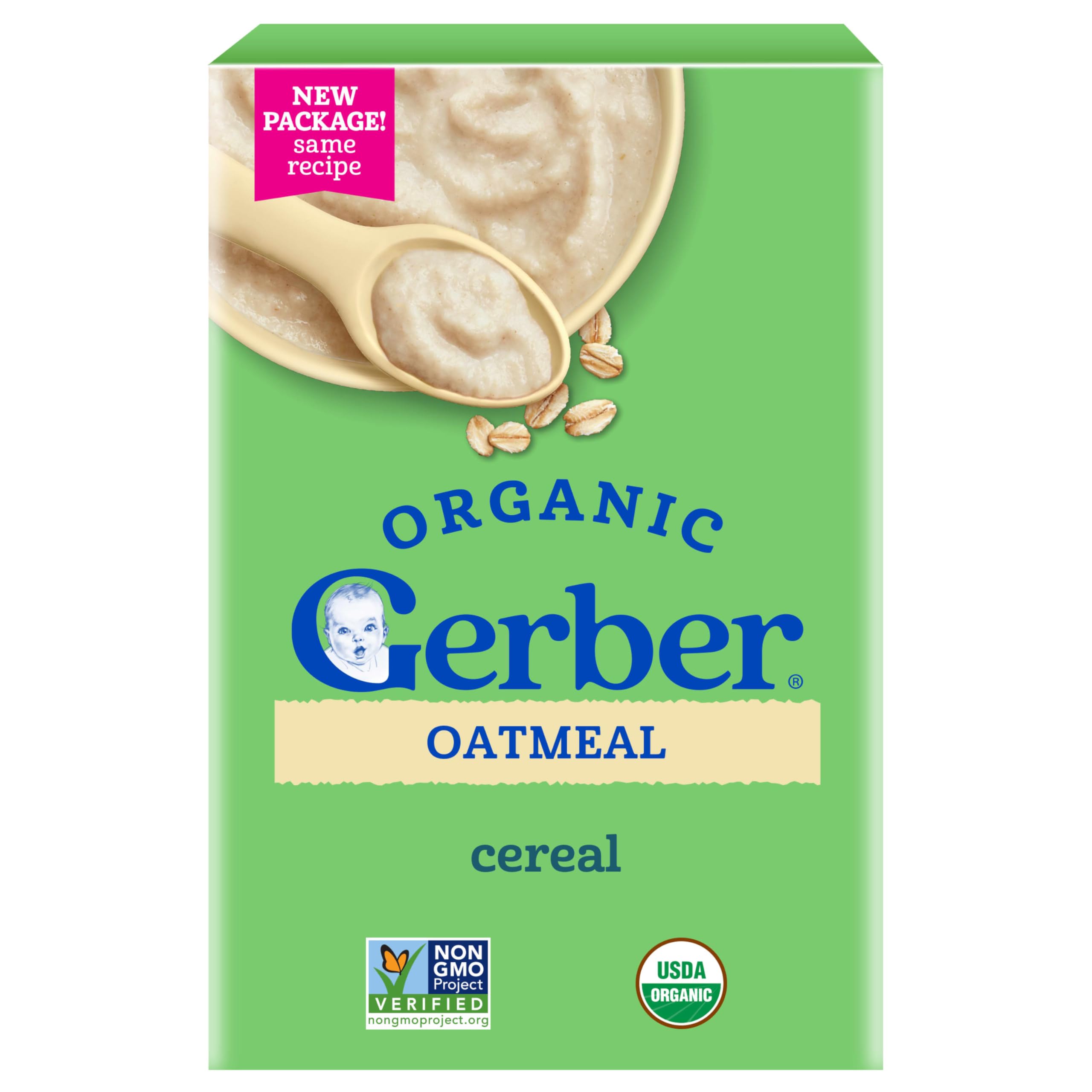 Gerber empaque frontal de avena orgánica mostrando conveniencia