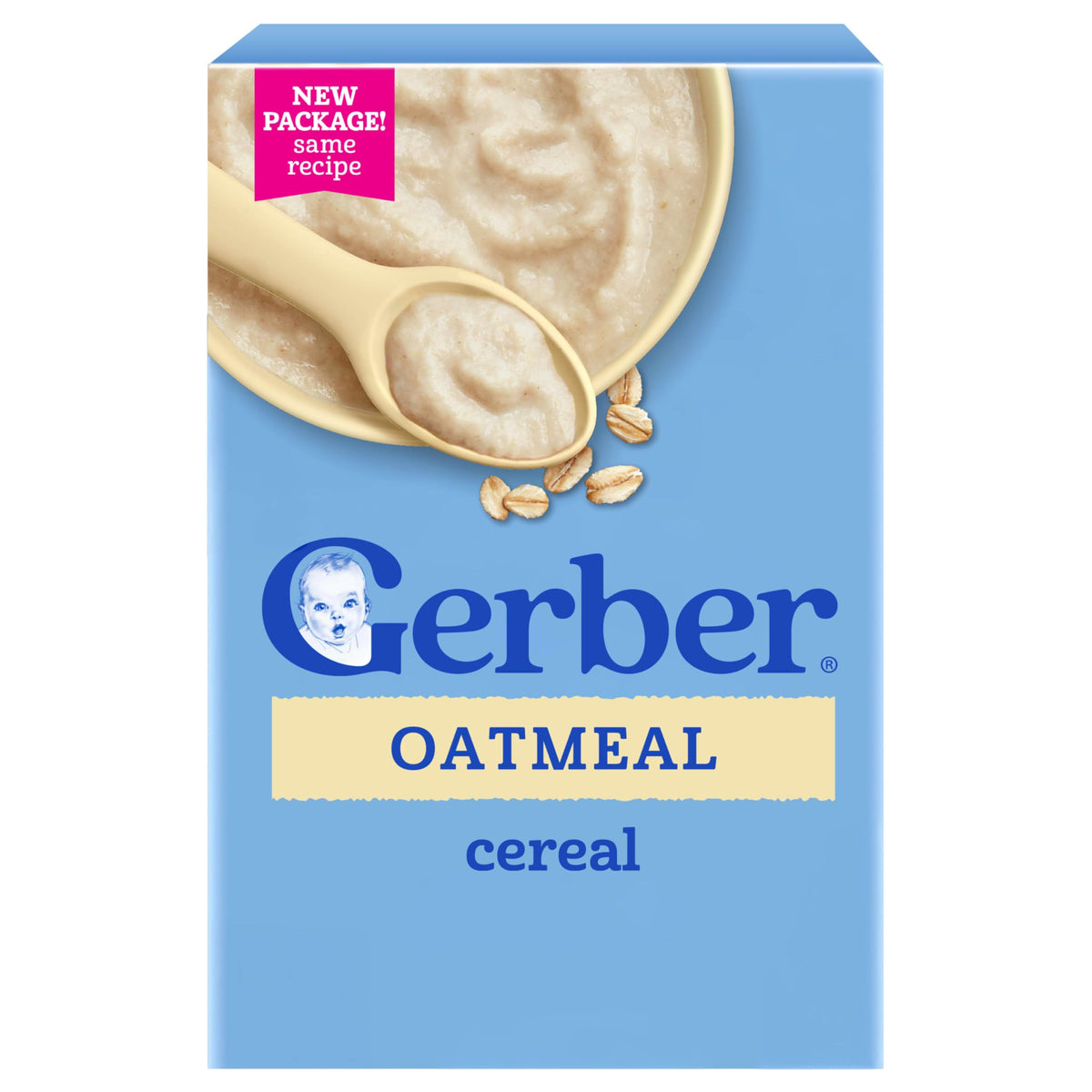 Gerber stage 1 oatmeal front packaging shows product and benefits