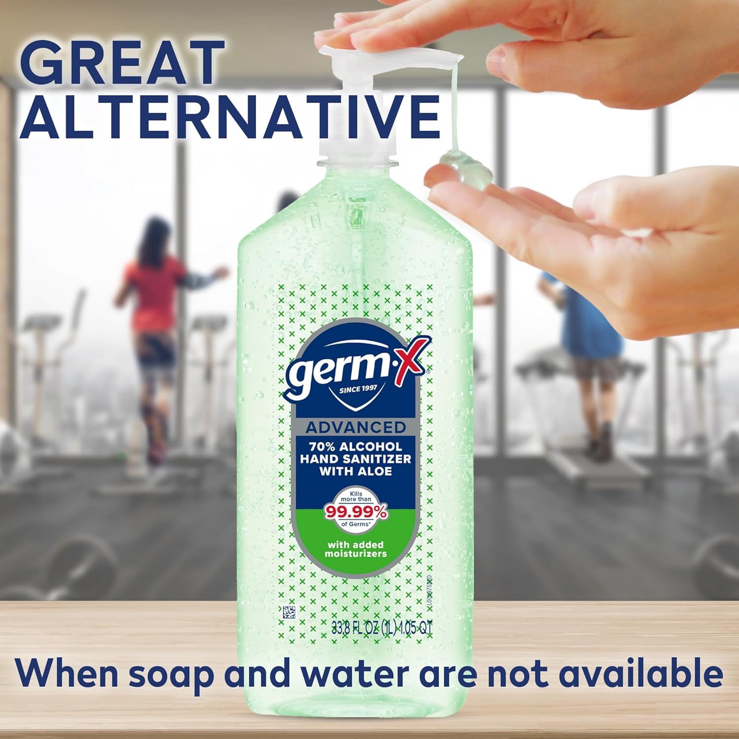 Germ-X 1L pump on a kitchen counter showing convenient family access benefit