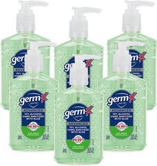 Germ-X frente de botella con bomba mostrando la marca y facilidad de uso