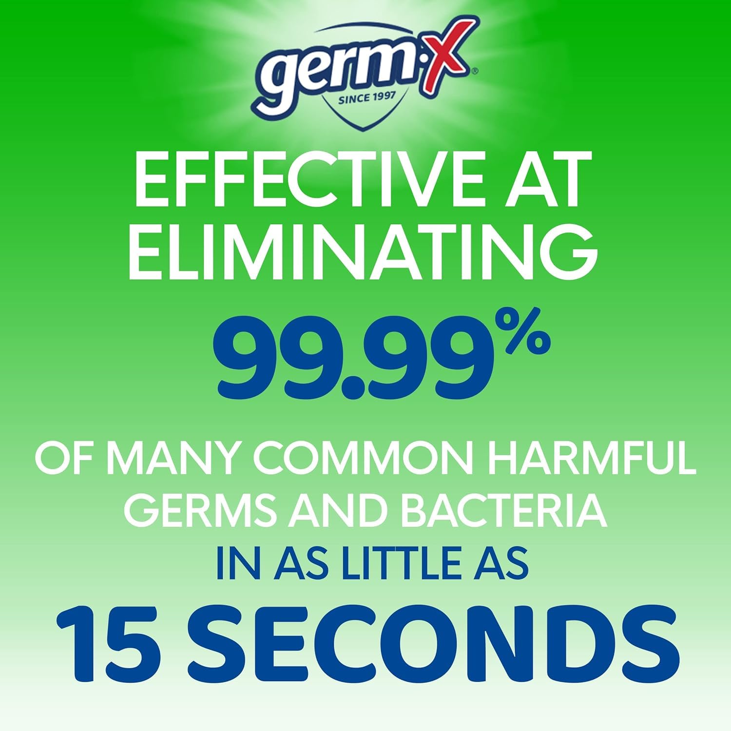 Germ-X sanitizer being dispensed from pump emphasizing fast coverage benefit