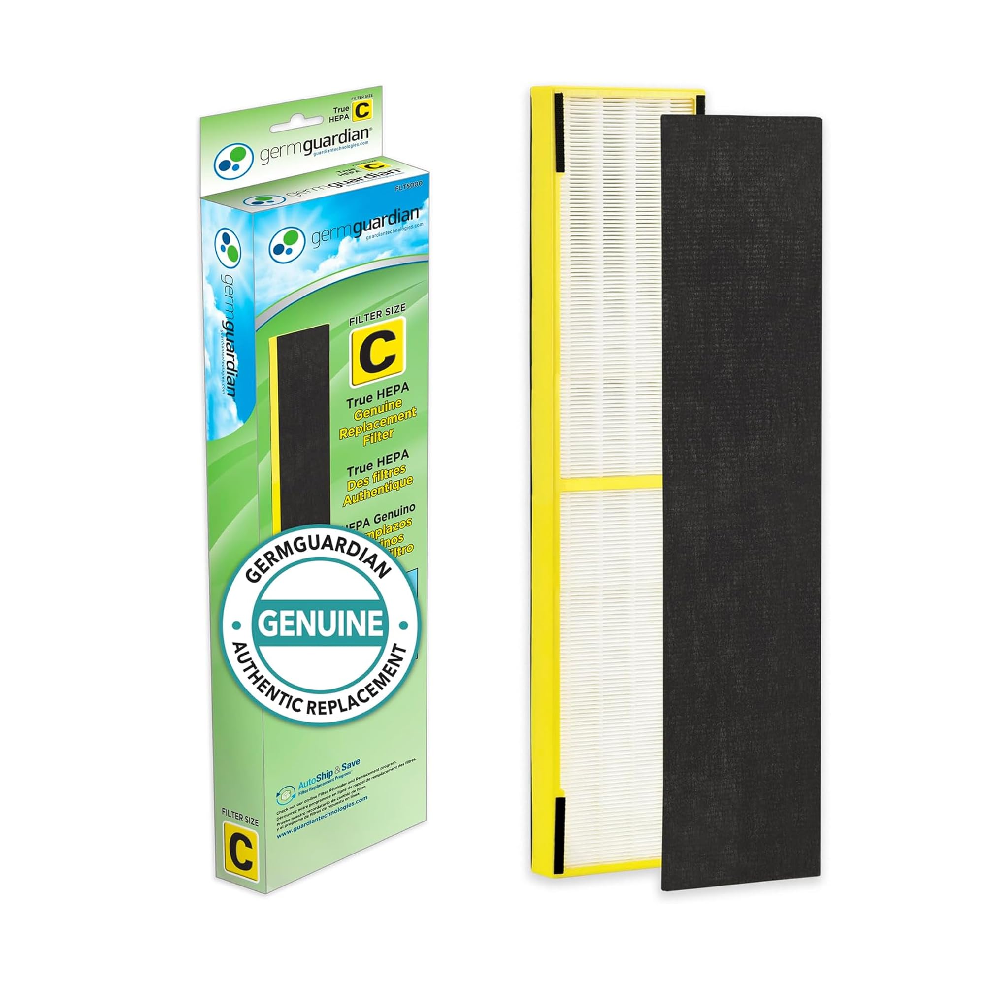 GermGuardian filtro FLT5000 frontal mostrando sello original y facilidad de instalación