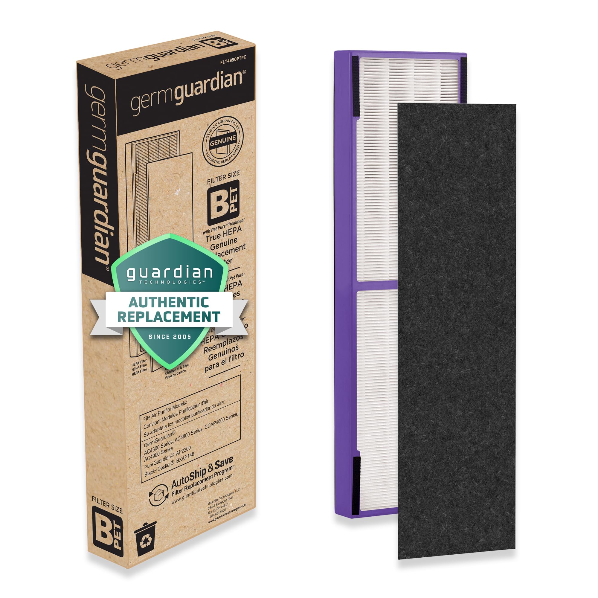 GermGuardian empaque frontal del FLT4850PT mostrando compatibilidad y beneficio de ajuste