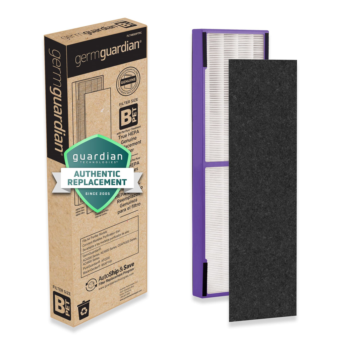 GermGuardian empaque frontal del FLT4850PT mostrando compatibilidad y beneficio de ajuste