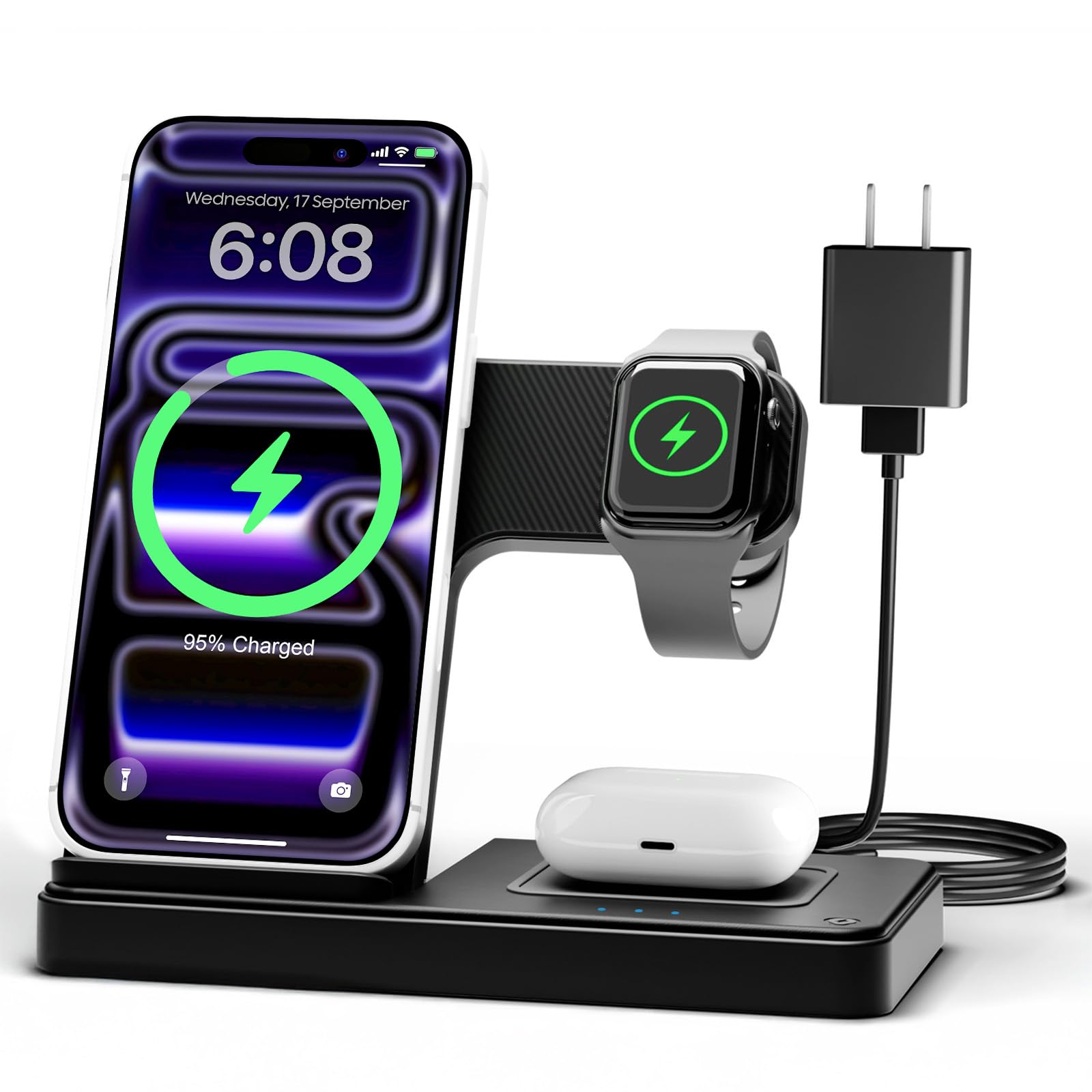 GETPALS estación frontal mostrando ranuras para iPhone, reloj y AirPods