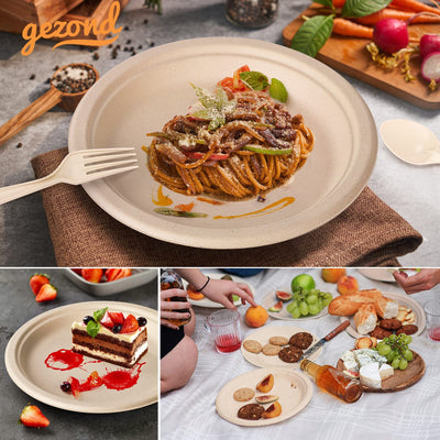 Gezond plate holding a hot meal in use illustrating microwave-safe convenience