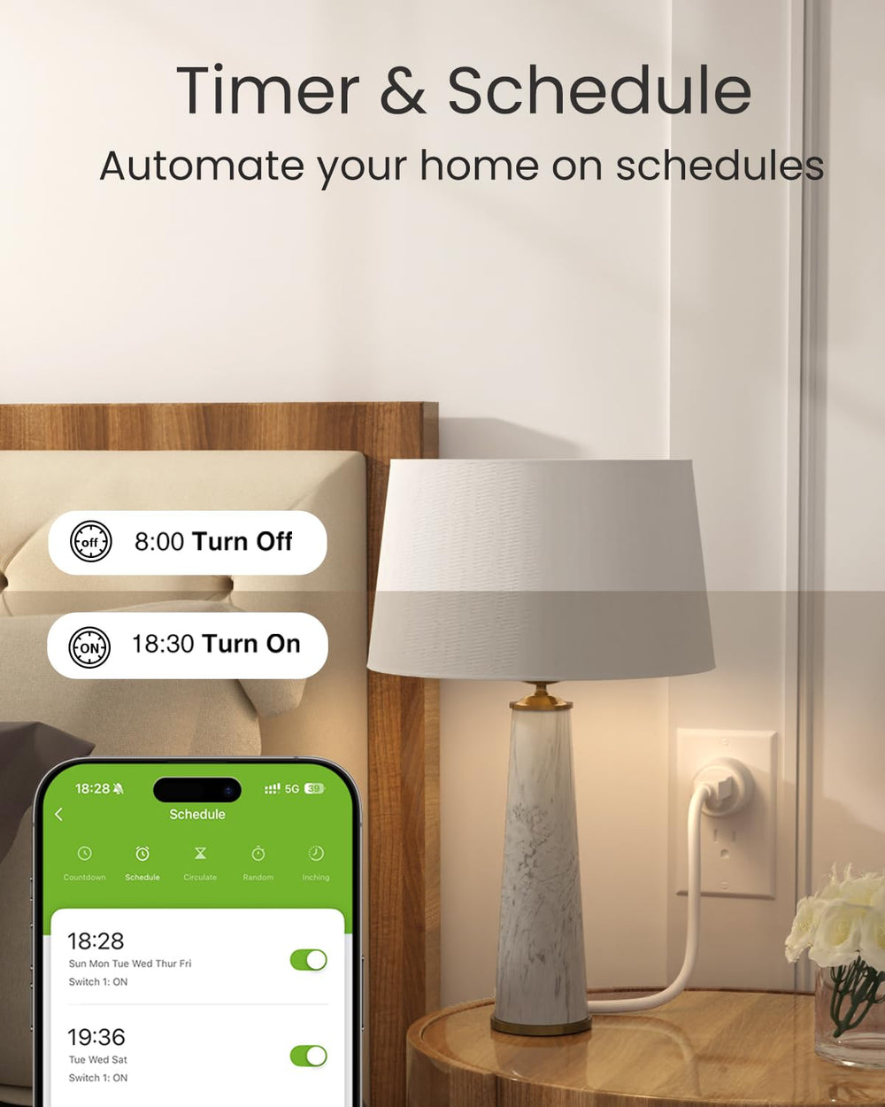 GHome Smart enchufe app interfaz con temporizador programado y control de horarios