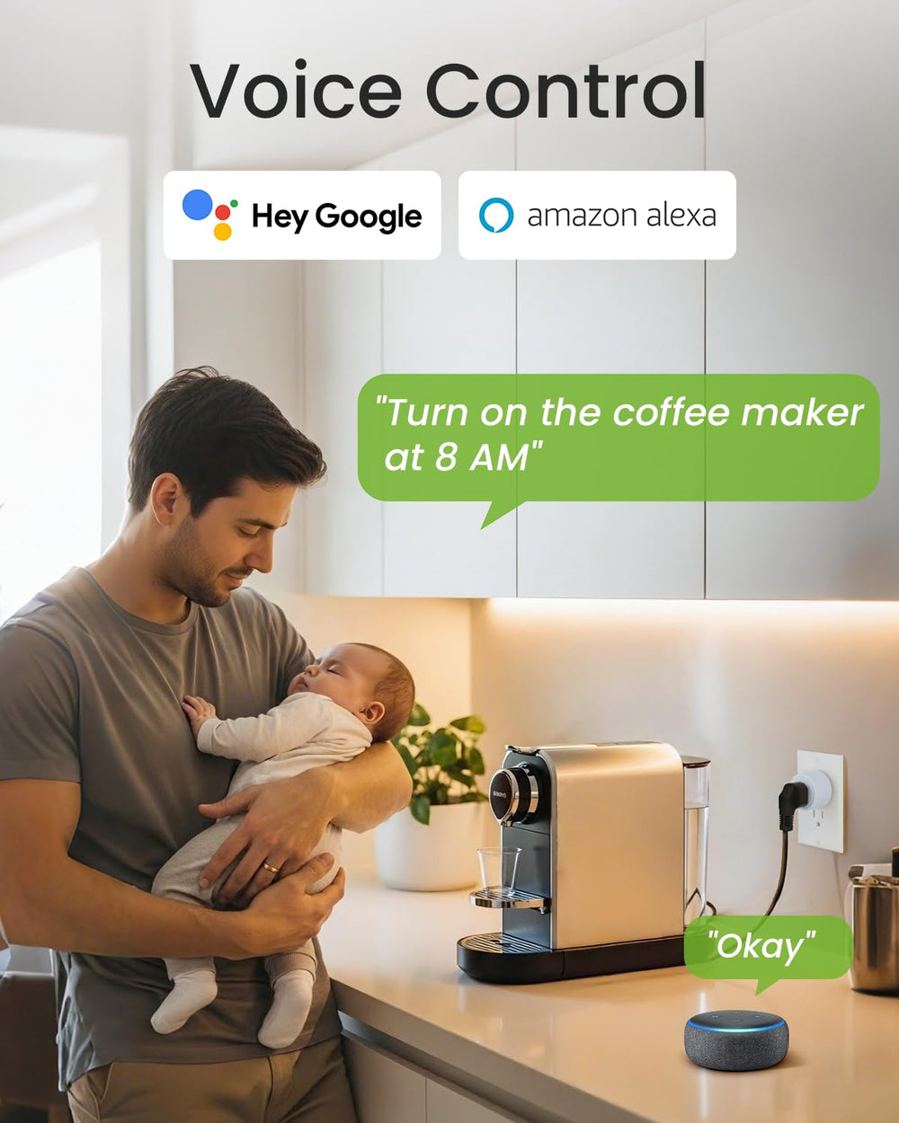 GHome Smart enchufe comparación de tamaño junto a una mano para escala visual