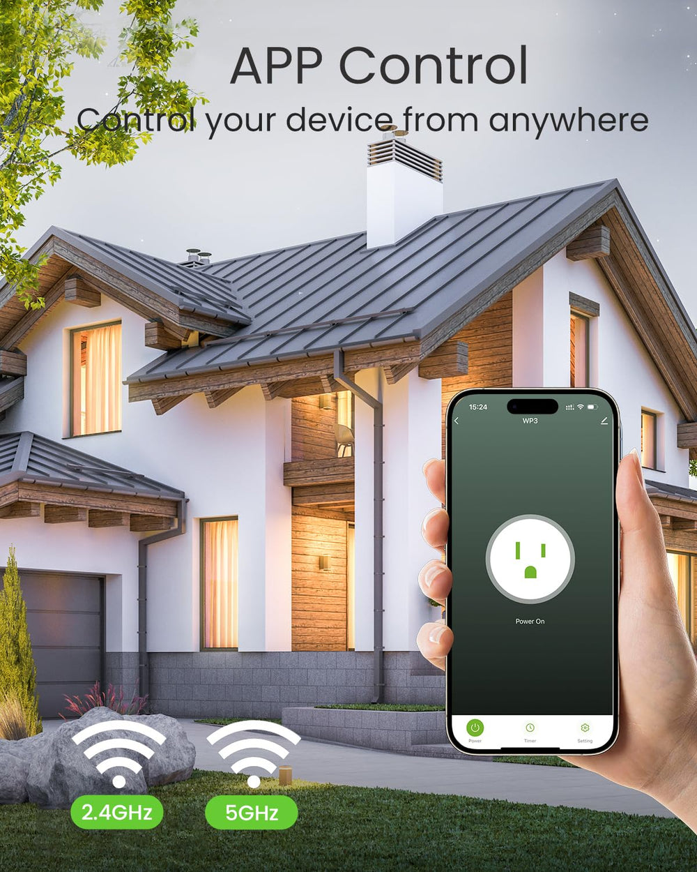 GHome Smart enchufe en uso con lámpara, control remoto por app y ahorro energético