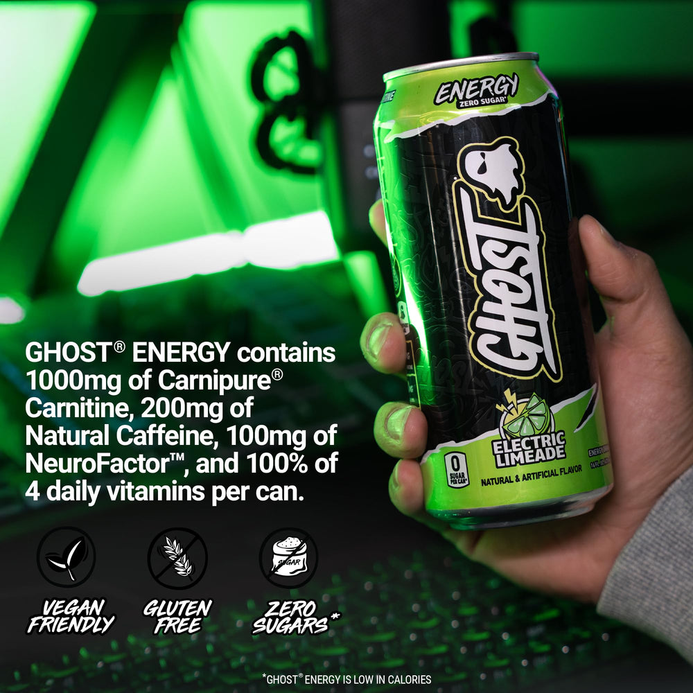 GHOST lata junto a pesas destacando energía para entrenamientos