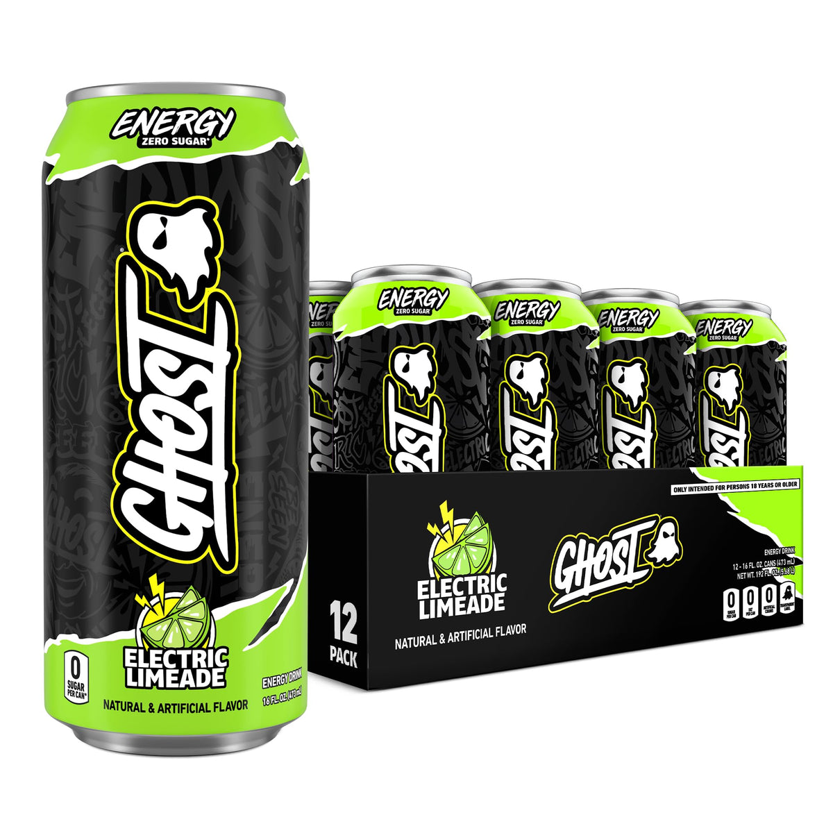 GHOST lata frontal Electric Limeade mostrando diseño y beneficio energético