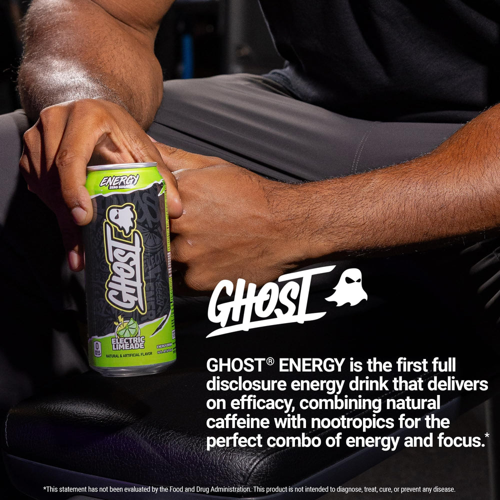 GHOST lata junto a regla mostrando tamaño de 16oz y practicidad