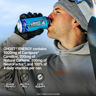GHOST lata comparada con mano escala y volumen de 16oz para referencia