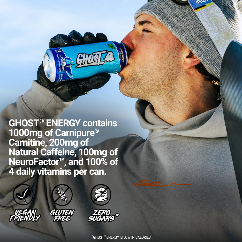 GHOST lata comparada con mano escala y volumen de 16oz para referencia