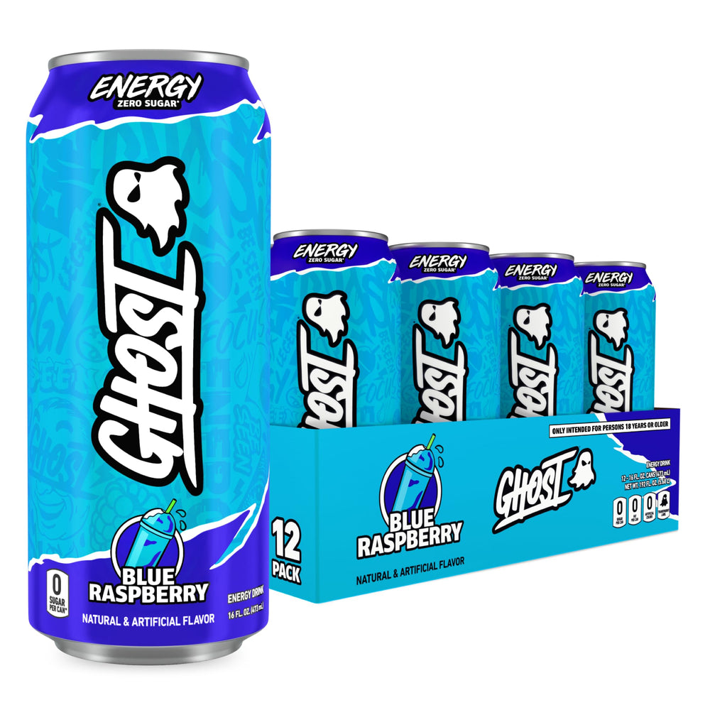 GHOST lata frontal azul frambuesa mostrando diseño y beneficio energía clara