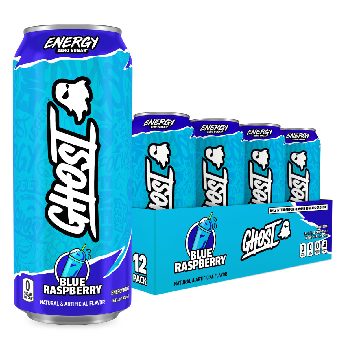 GHOST lata frontal azul frambuesa mostrando diseño y beneficio energía clara