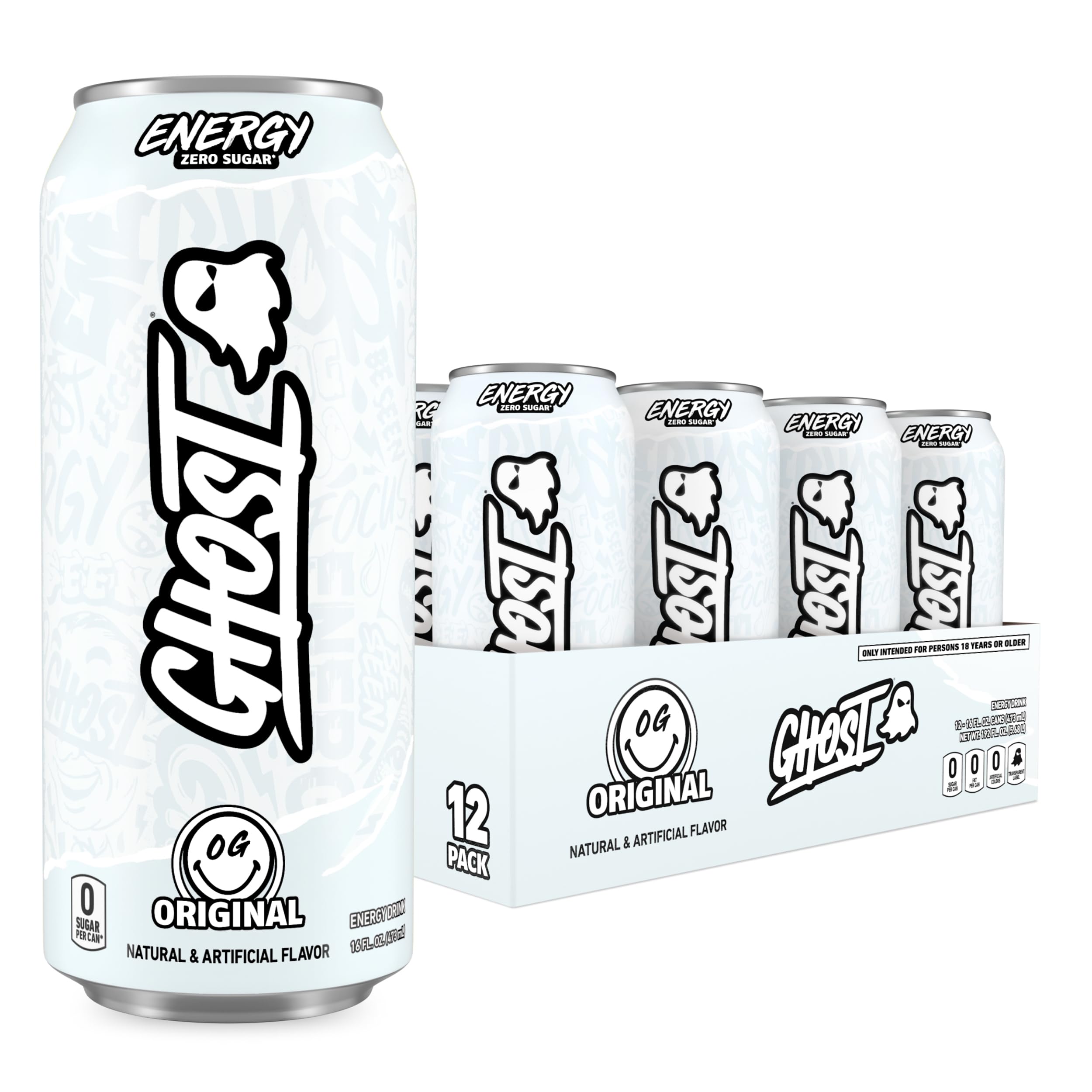 GHOST lata frente mostrando diseño y beneficio de energía clara