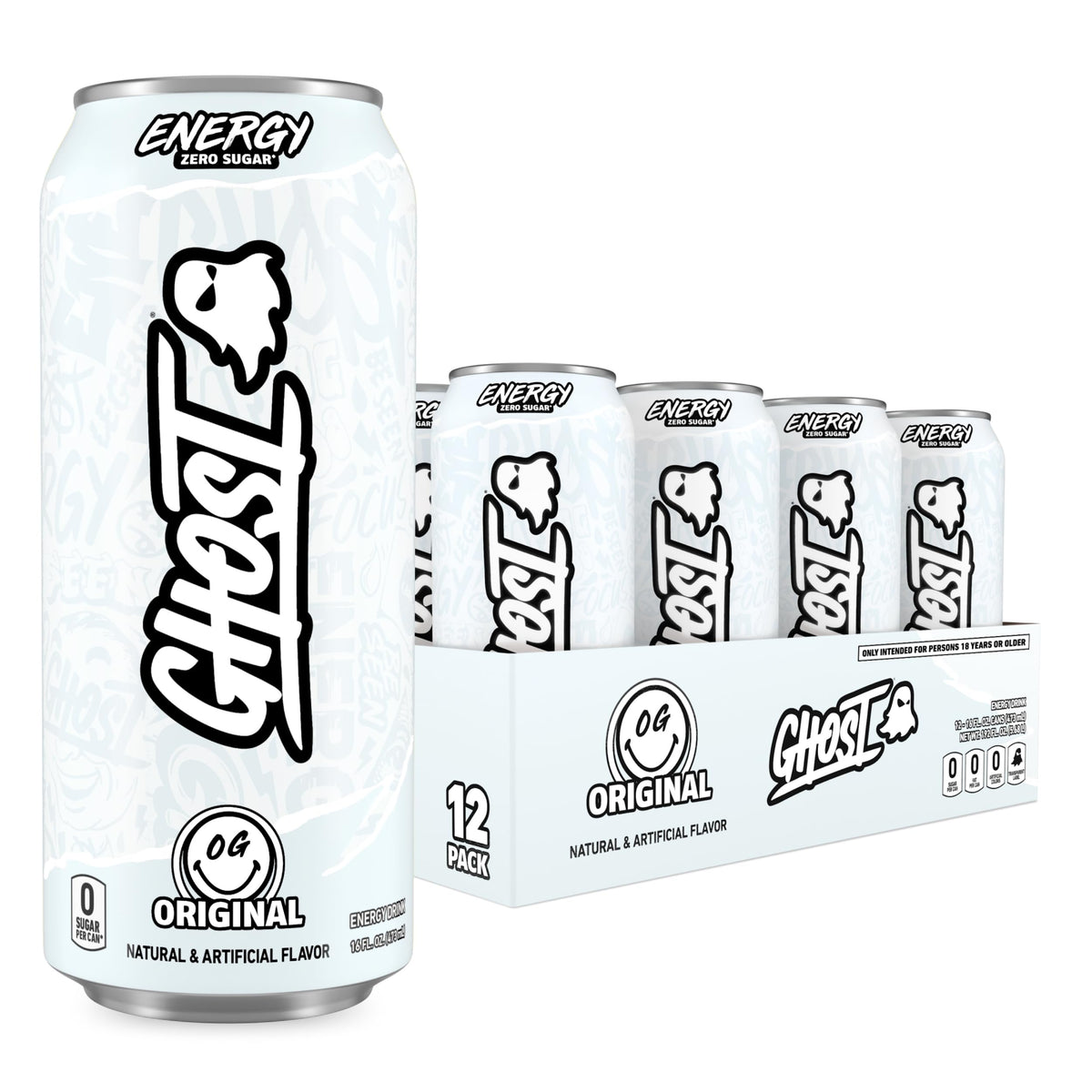 GHOST lata frente mostrando diseño y beneficio de energía clara