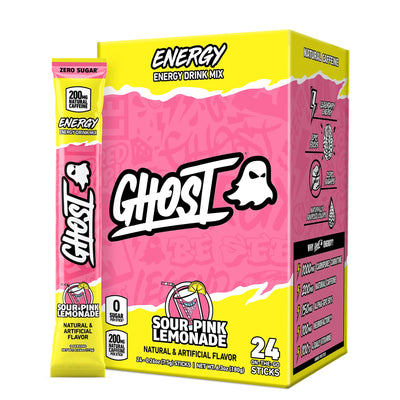 GHOST front box Pink Lemonade showing 24 sticks and portable benefit