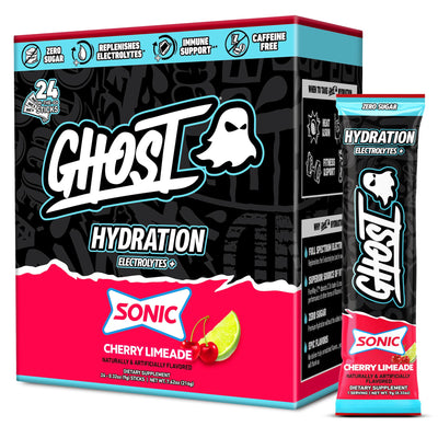 GHOST front packaging showing 24 Sonic Cherry Limeade sticks and benefits