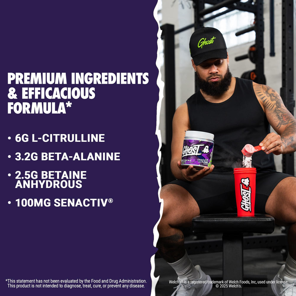 GHOST vaso con mezcla morada, muestra disolución y bebida lista antes del entrenamiento