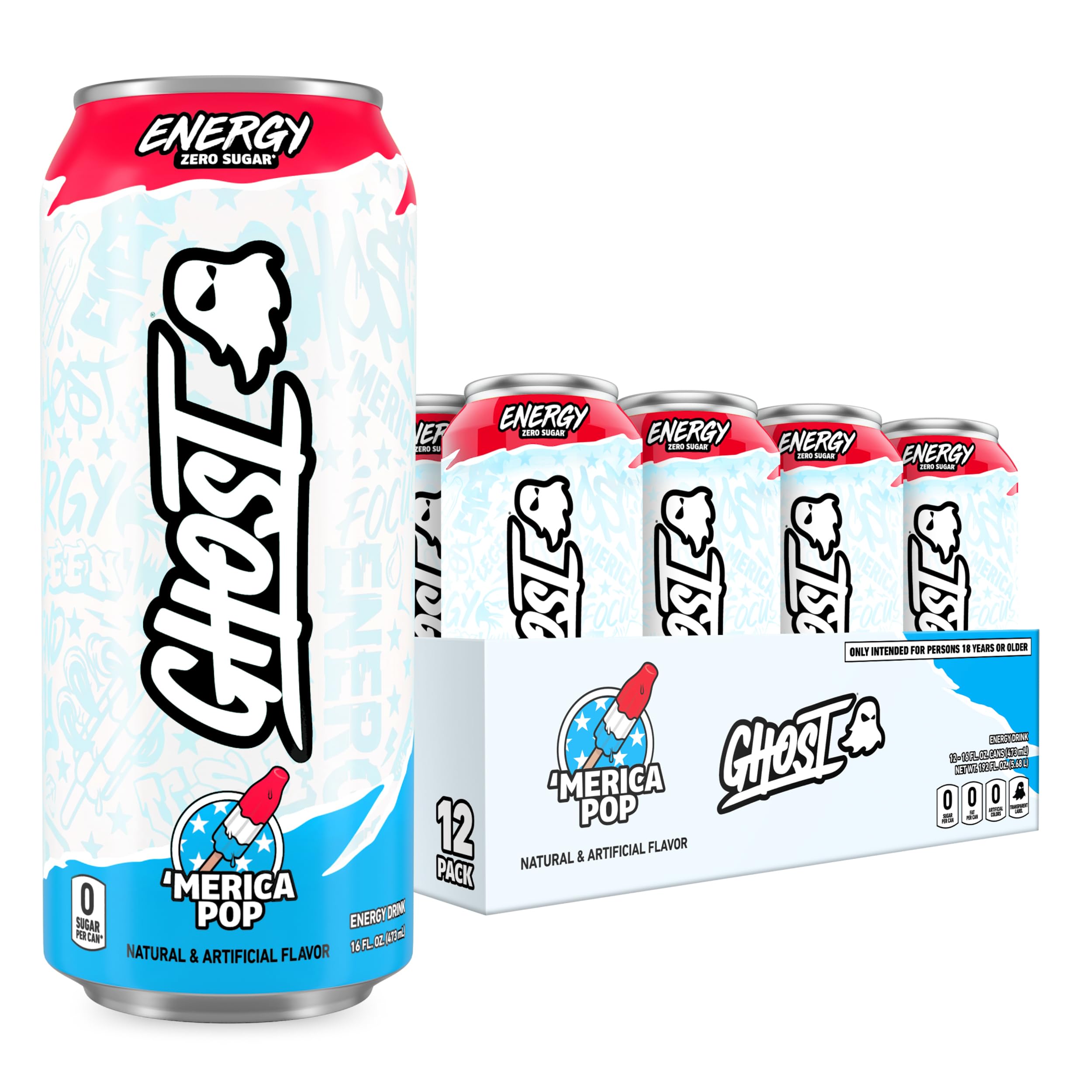 GHOST lata frontal 12-pack 'Merica Pop mostrando diseño y tamaño