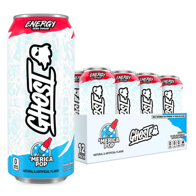 GHOST lata frontal 12-pack 'Merica Pop mostrando diseño y tamaño