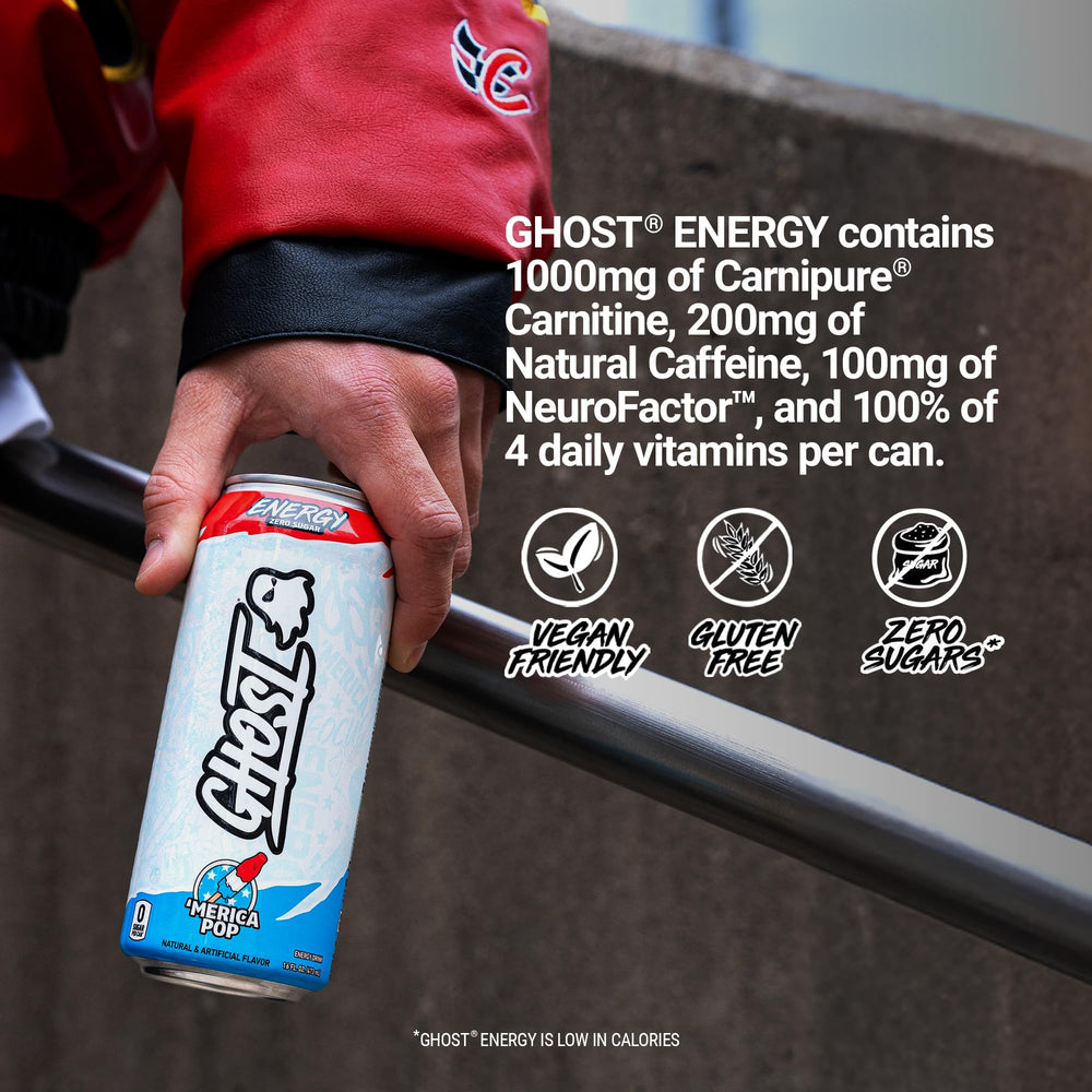 GHOST comparación de lata 16oz junto a una mano para escala clara