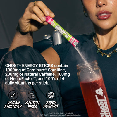 Nutrition label close-up on GHOST stick packet showing transparent ingredient doses