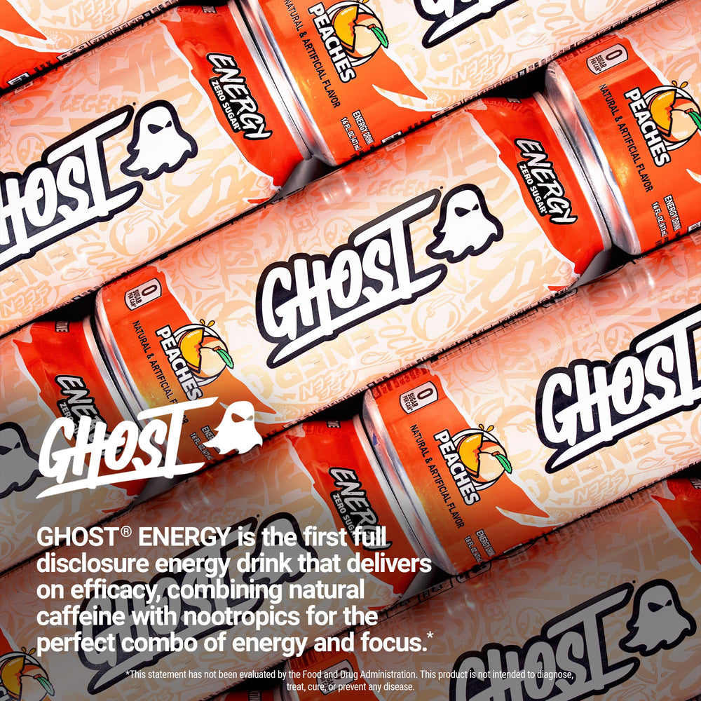 Caja de 12 GHOST Peaches en estantería lista para almacenar y compartir
