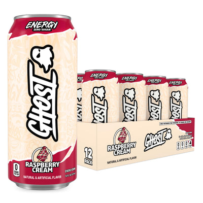 GHOST front packaging showing 12-pack and Raspberry Cream flavor benefits