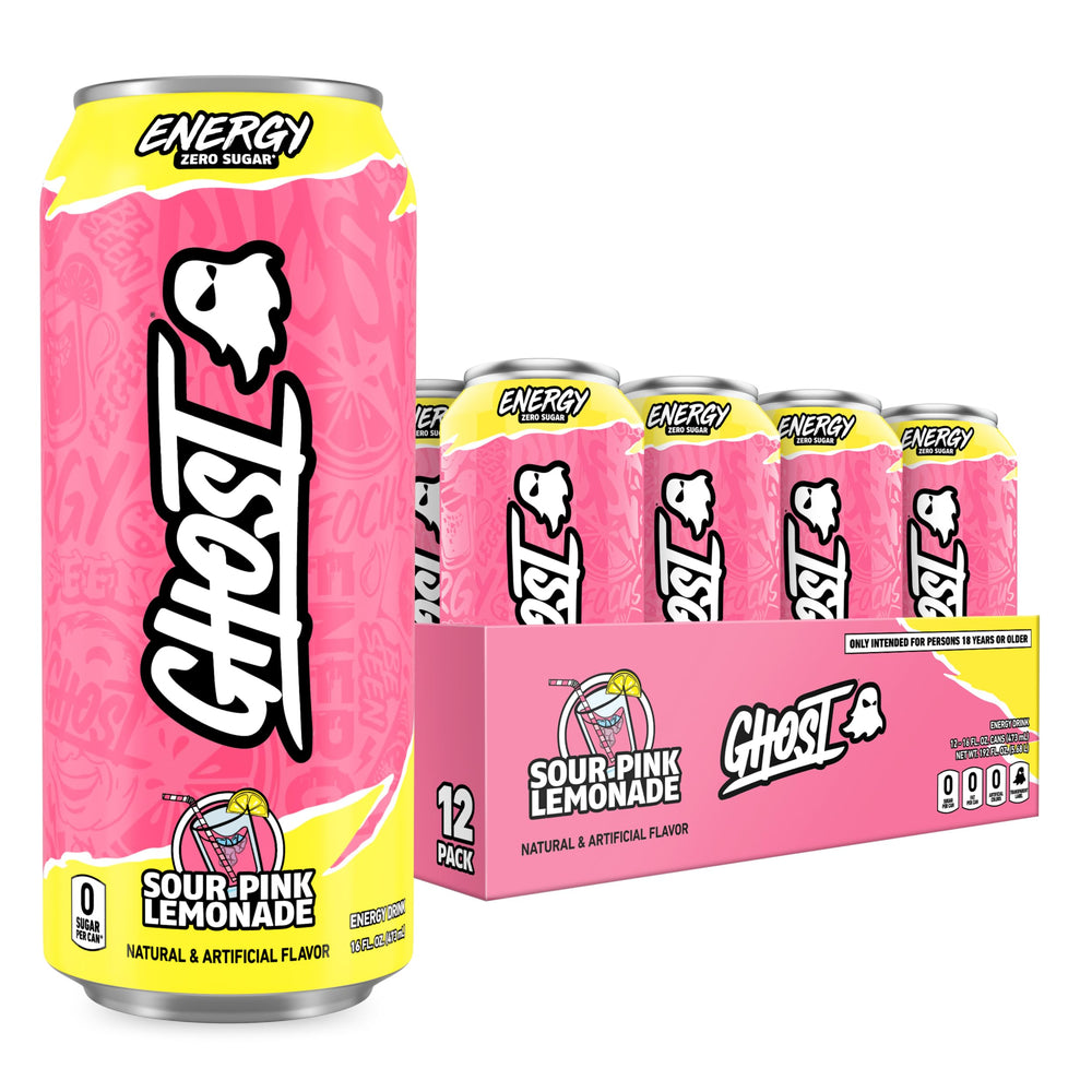 GHOST front packaging showing 12-pack with bright Sour Pink Lemonade benefit clarity