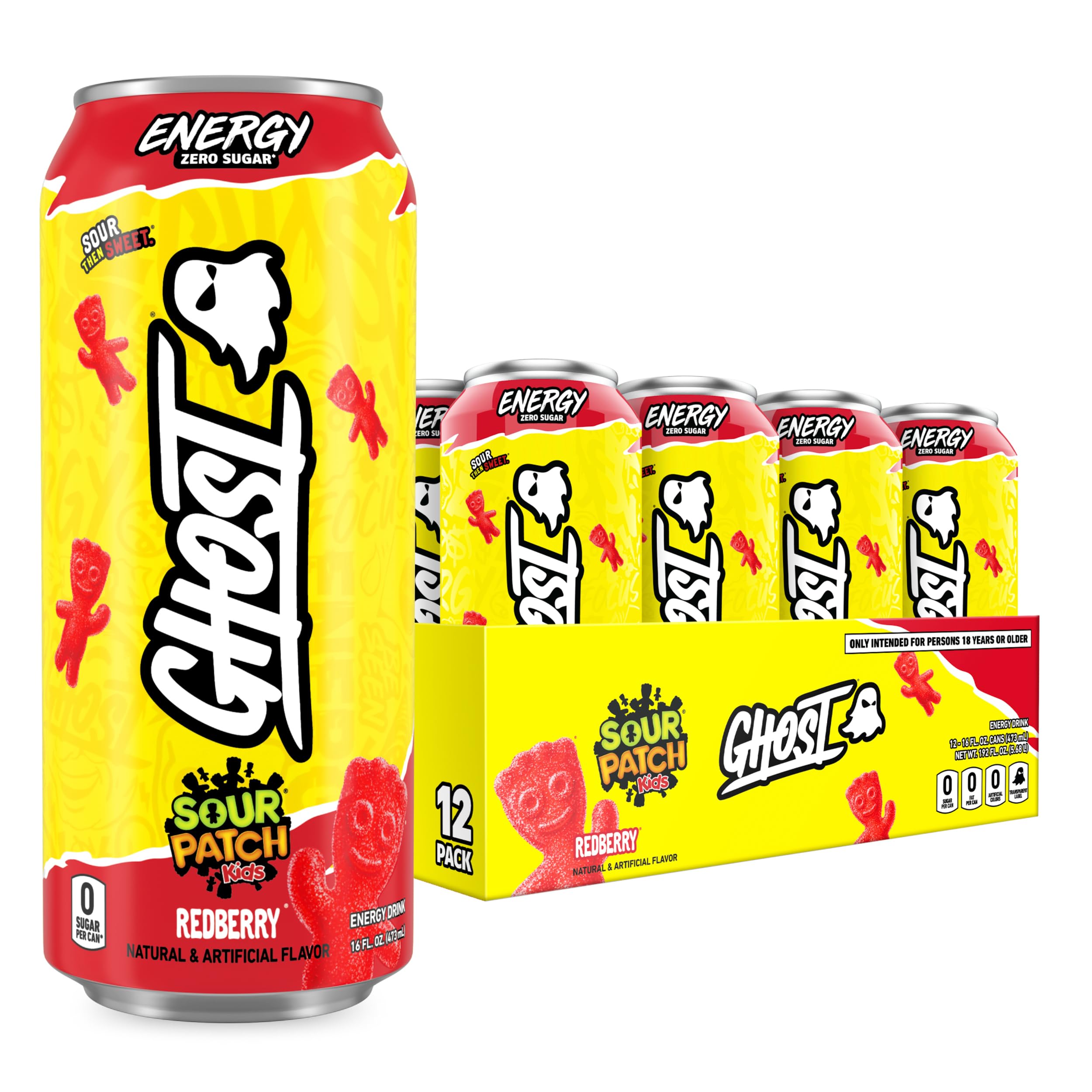 GHOST lata frontal Sour Patch Kids Redberry mostrando el diseño y tamaño práctico