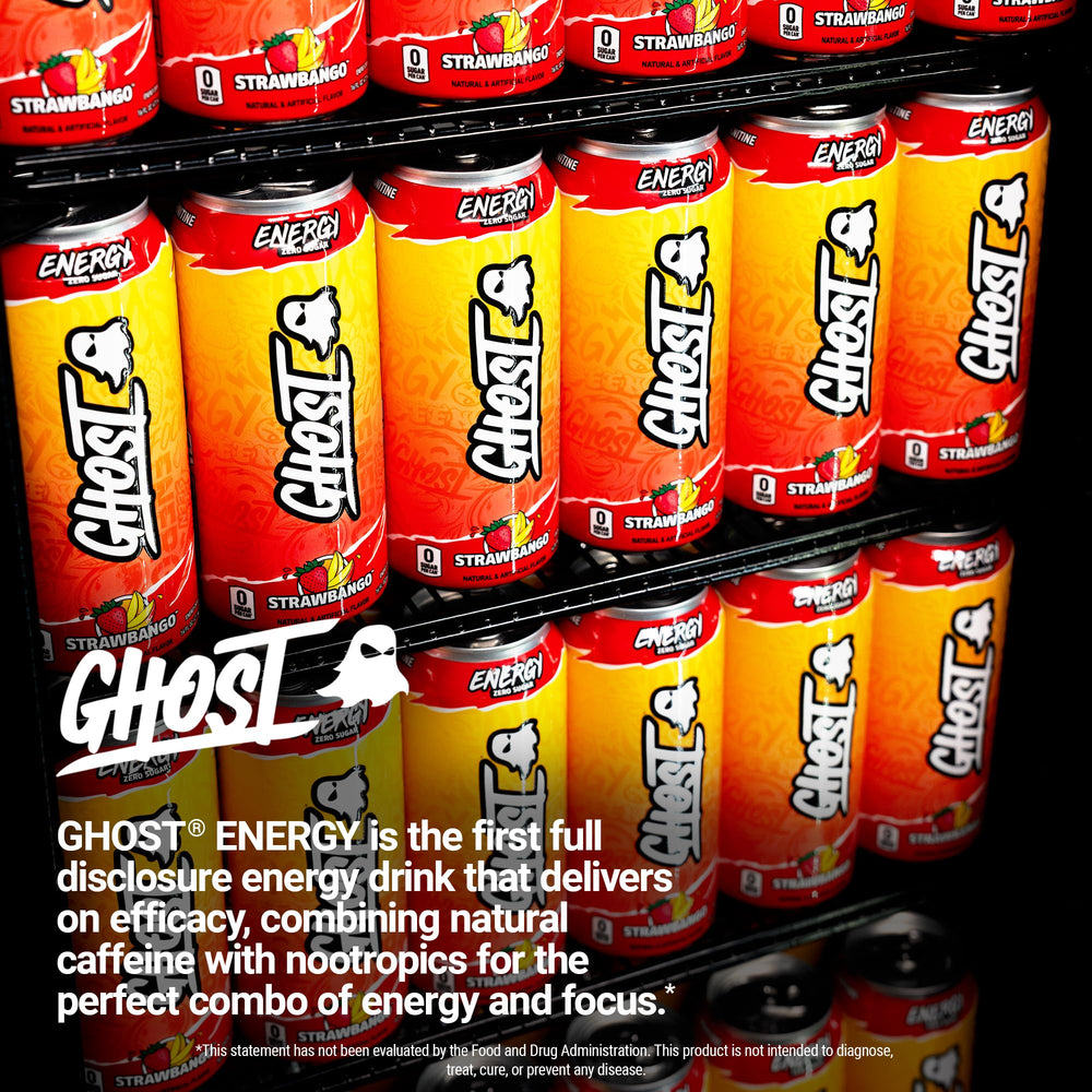 GHOST lata Strawbango en gimnasio sugiriendo energía antes del entrenamiento
