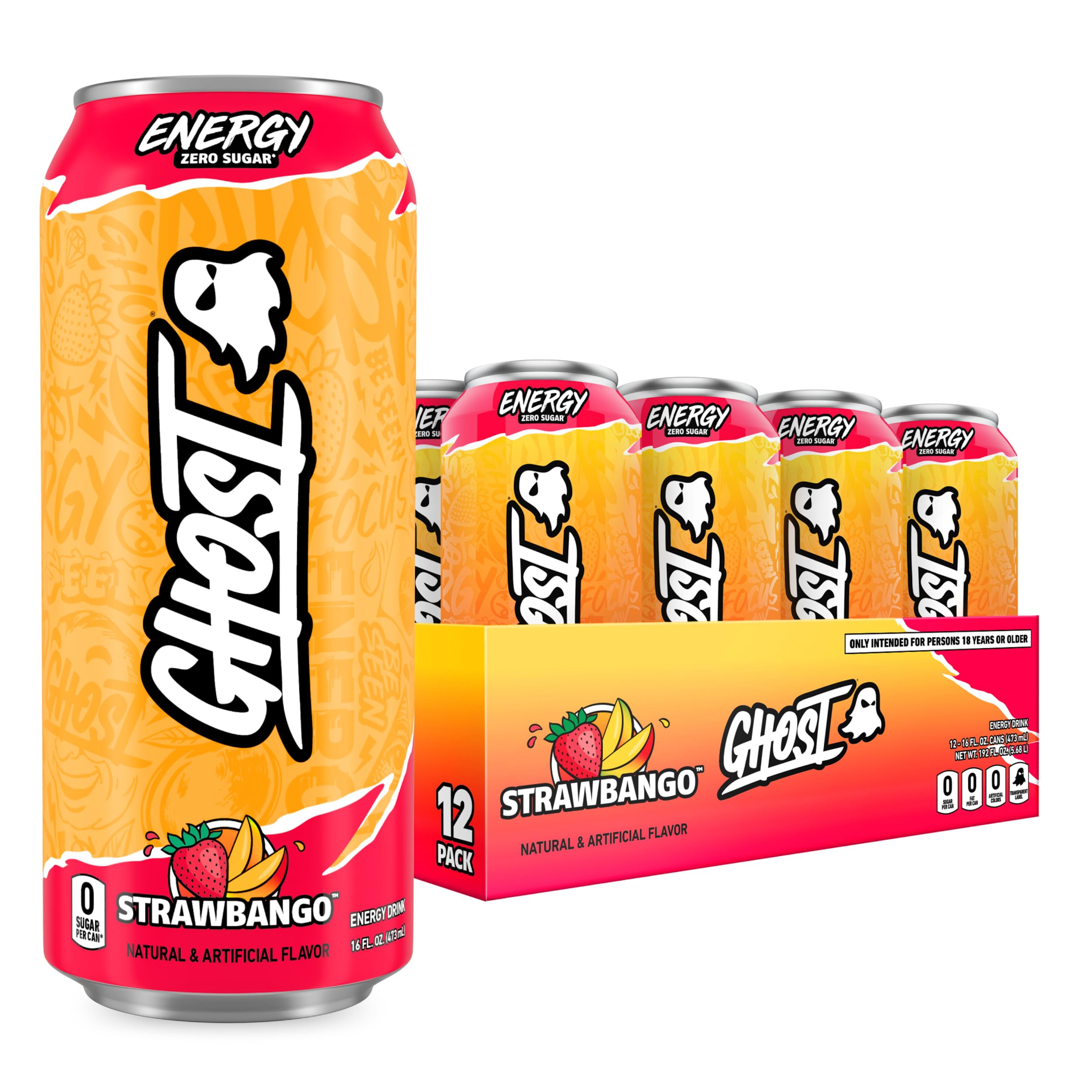 GHOST lata Strawbango vista frontal con diseño claro y sin azúcares