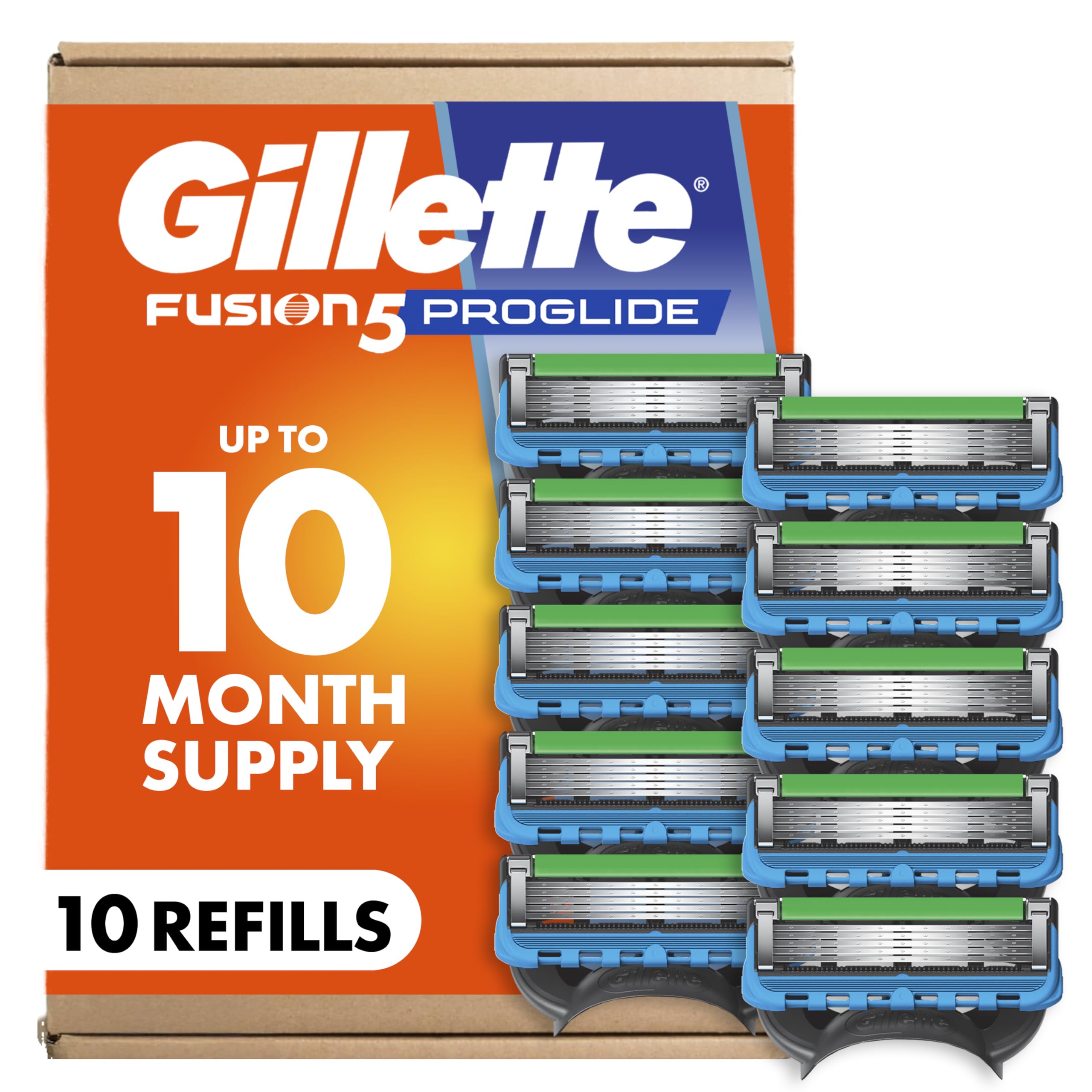 Gillette Fusion5 ProGlide front packaging showing ten blade refills and clear branding for easy restock