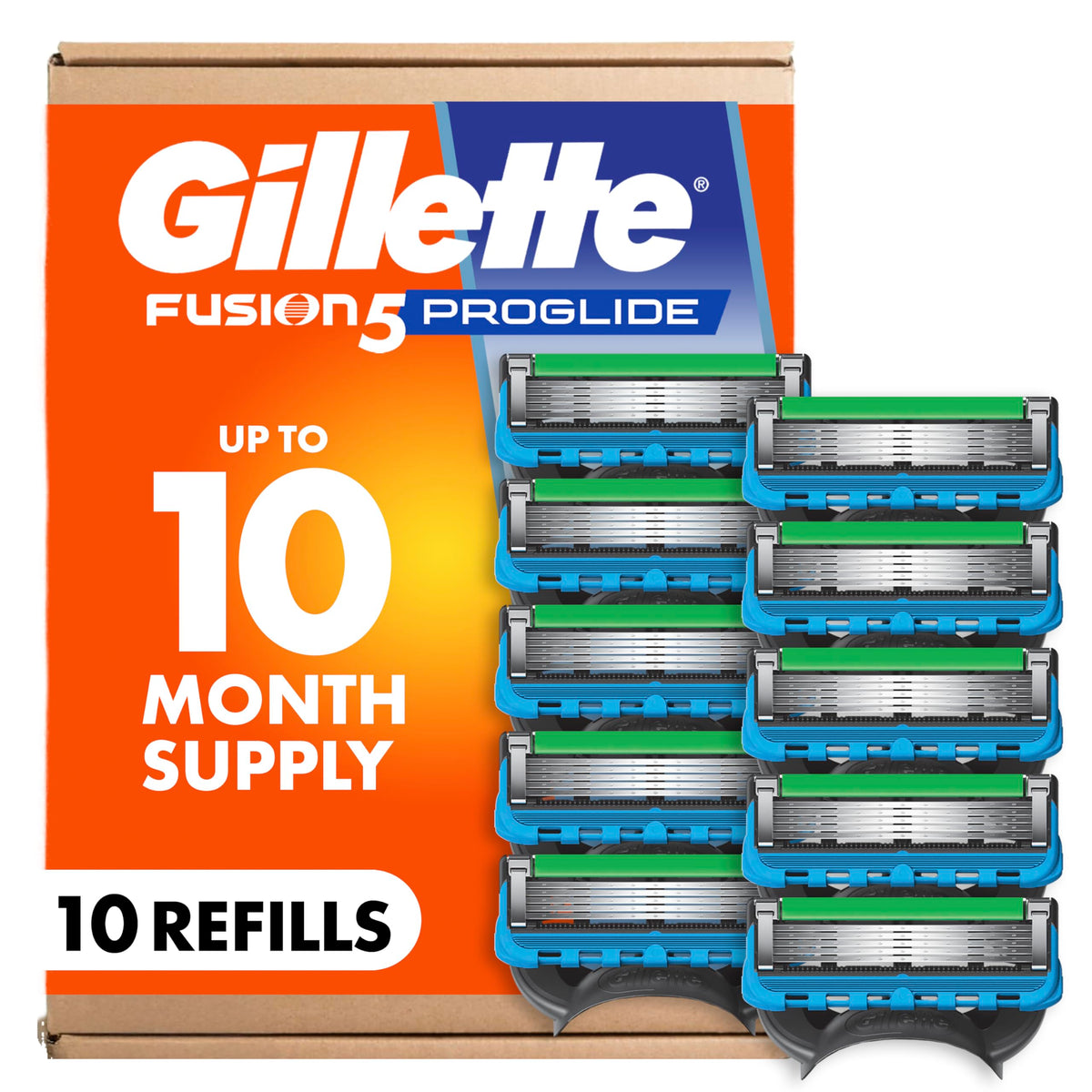 Gillette Fusion5 ProGlide front packaging showing ten blade refills and clear branding for easy restock