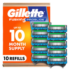 Gillette Fusion5 ProGlide front packaging showing ten blade refills and clear branding for easy restock