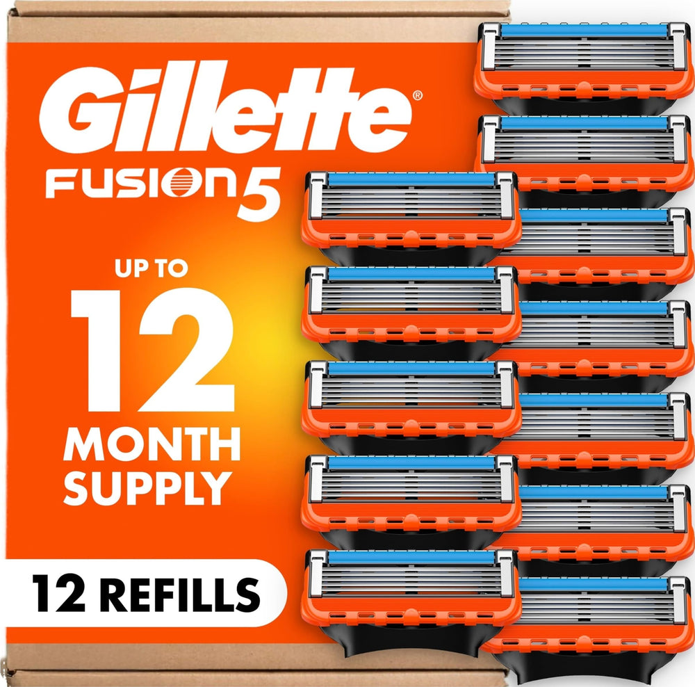 Gillette Fusion5 front packaging showing 12 cartridges for long-lasting supply and convenience