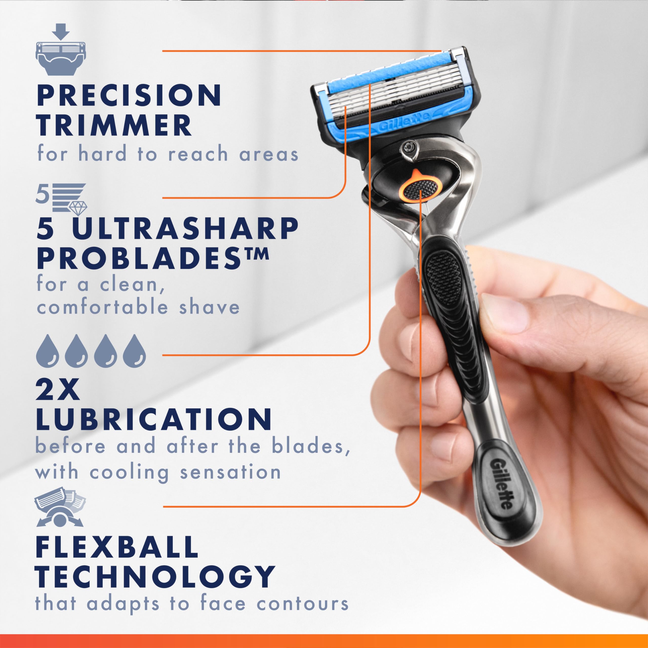 Caja abierta de Gillette Fusion5 ProShield Chill con recambios visibles para revisión rápida