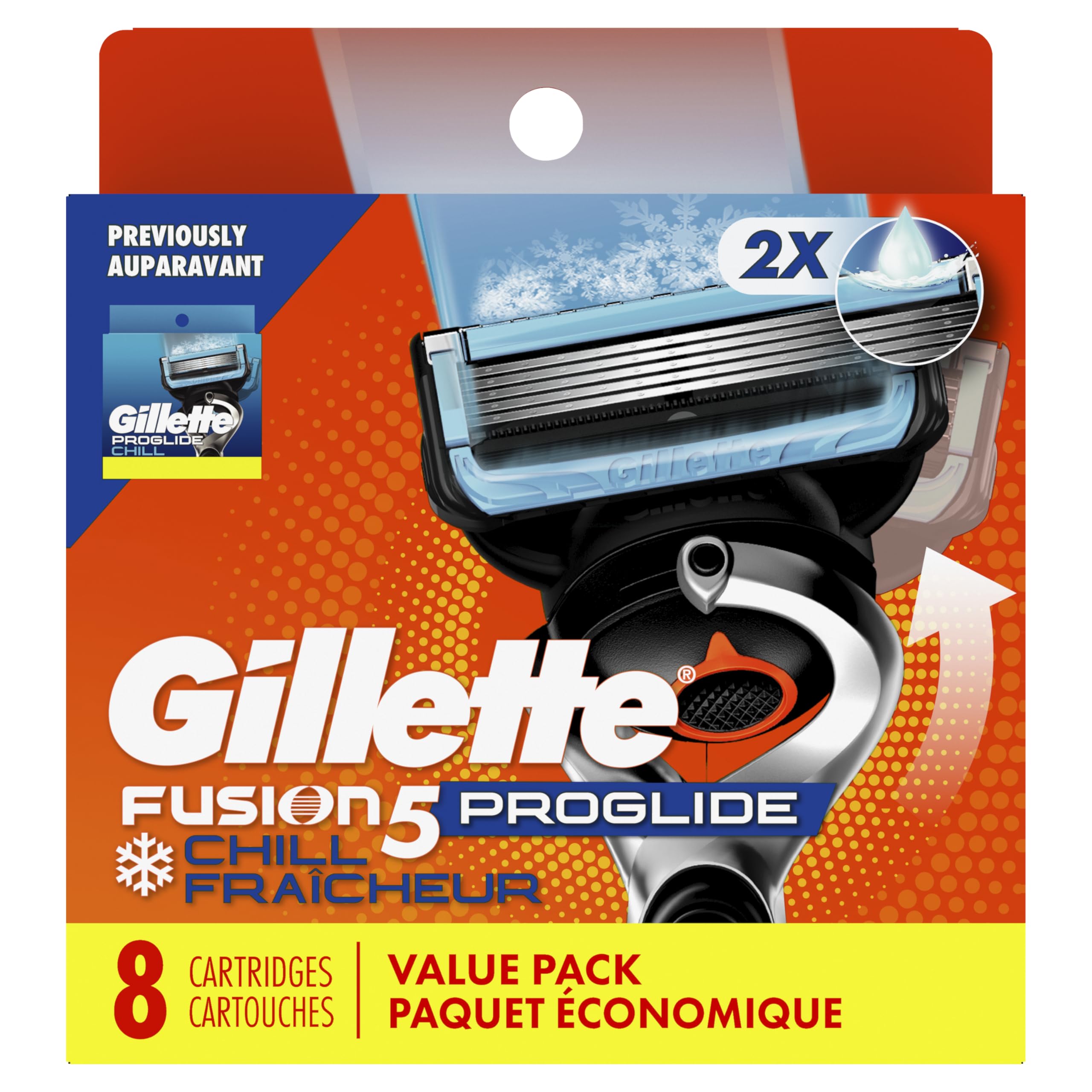 Comparación de tamaño Gillette Fusion5 ProShield Chill junto a una moneda para escala