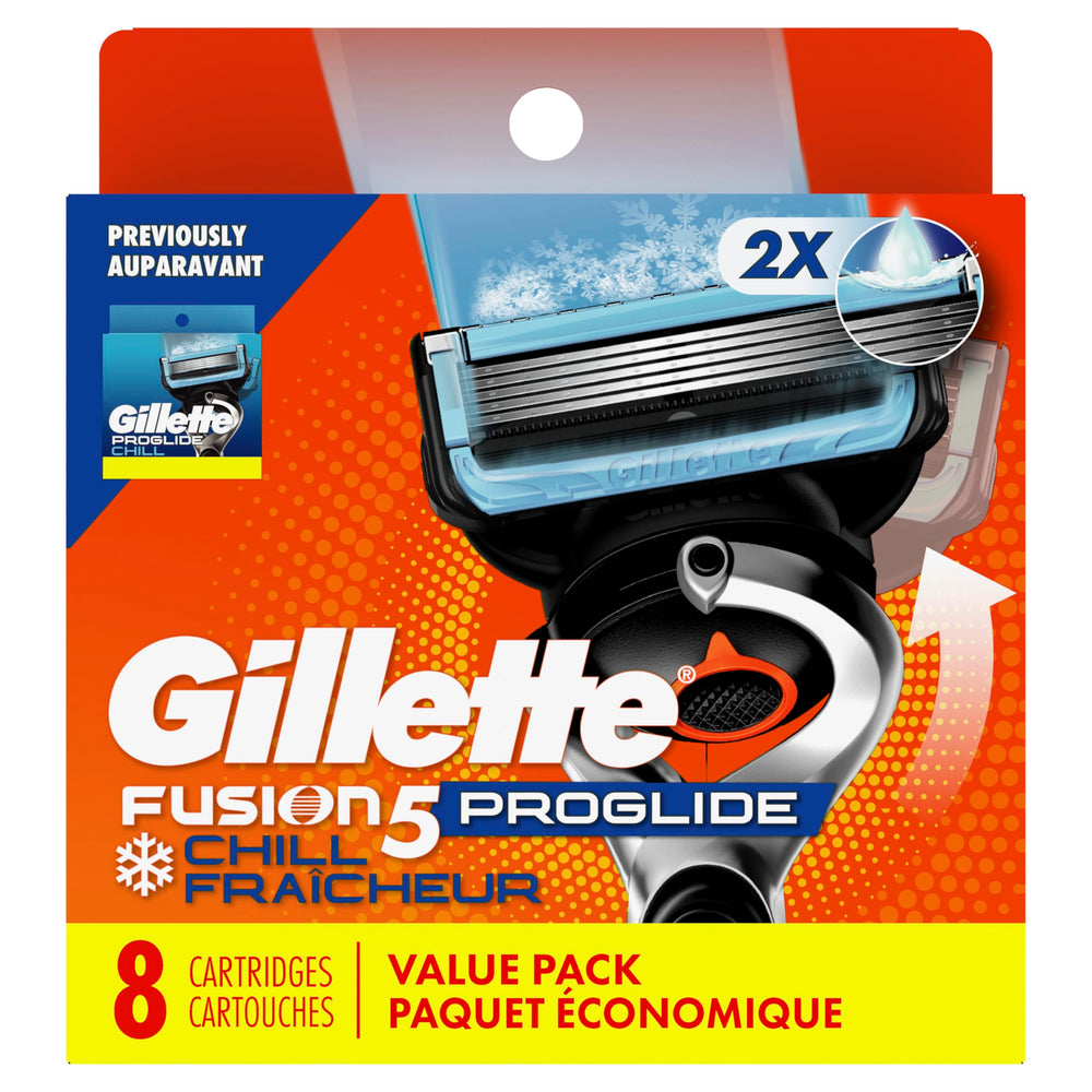 Comparación de tamaño Gillette Fusion5 ProShield Chill junto a una moneda para escala