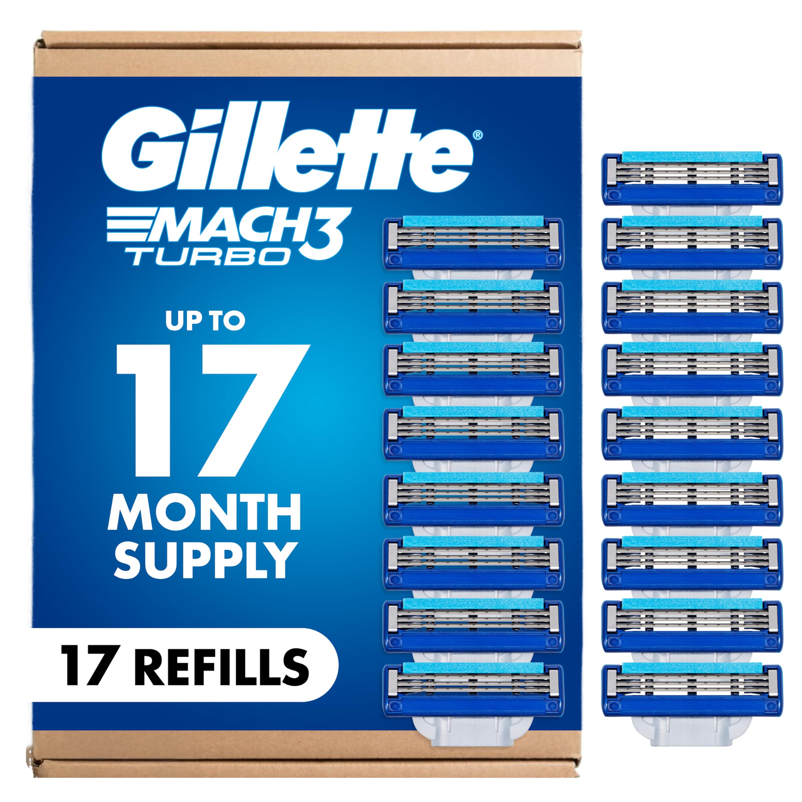Gillette Mach3 Turbo paquete frontal mostrando 17 recambios y almacenamiento prolongado