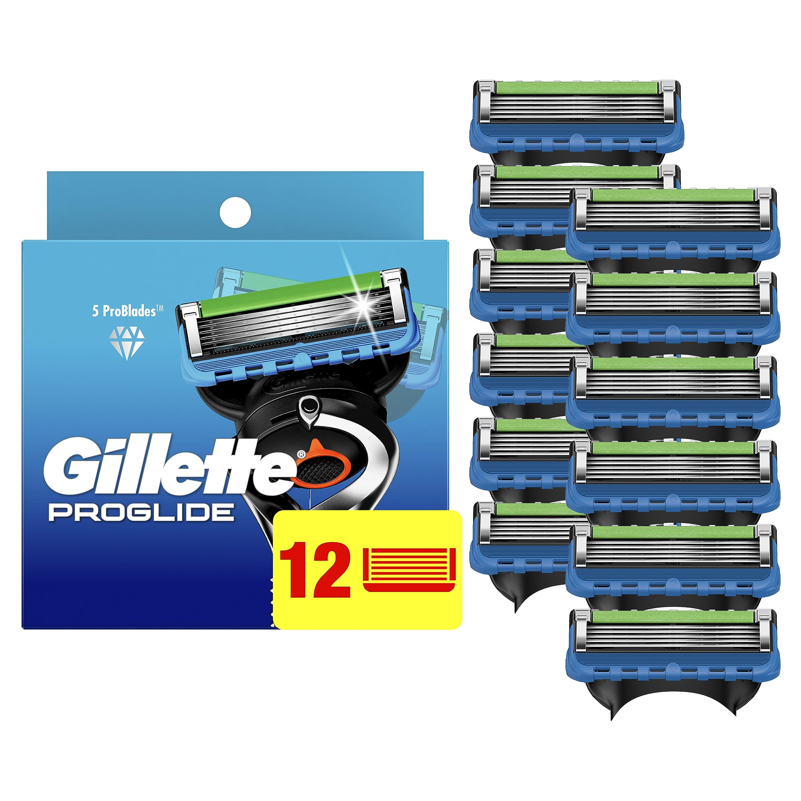 Gillette mostrando el empaque frontal con 12 recambios, conveniencia de stock
