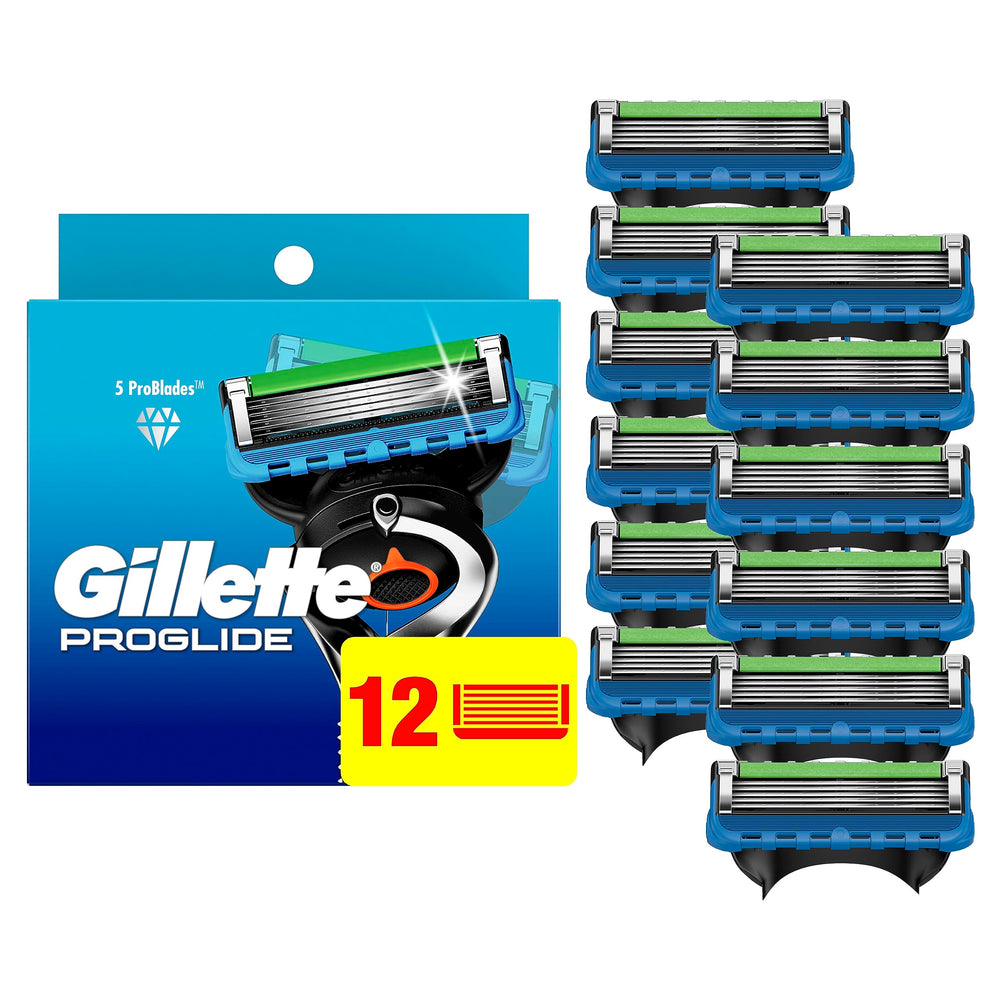 Gillette mostrando el empaque frontal con 12 recambios, conveniencia de stock
